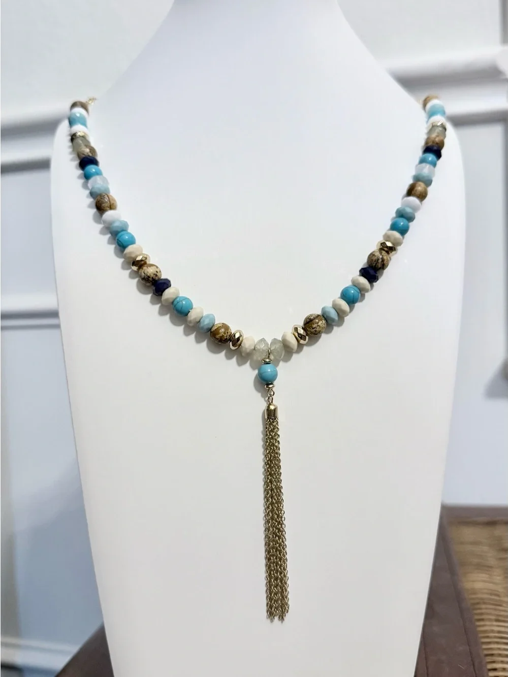 NWT Ashley Cooper Turquoise and Gold Bead Tassel Necklace and Earring Set